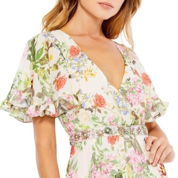 Mac Duggal 9079 Floral Chiffon Flutter Sleeve Gown Maxi Size 4 NWT - Picture 2 of 6